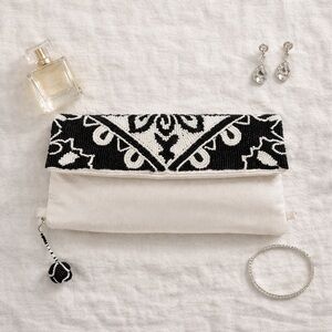 Black & White Beaded Satin Clutch Purse – Evening / Wedding Bag OS